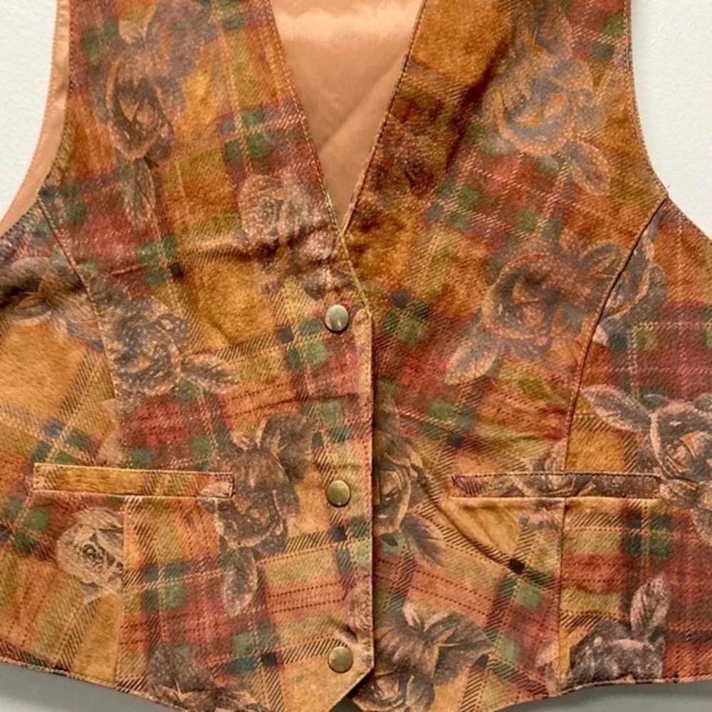Global Identity G-III‎ Leather Vest Womens Large Plaid Rose Floral Suede Brown L - Picture 3 of 7